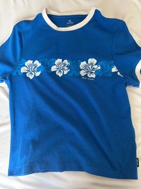 Summer Rip Curl Royal Blue Floral Tee with White Trim